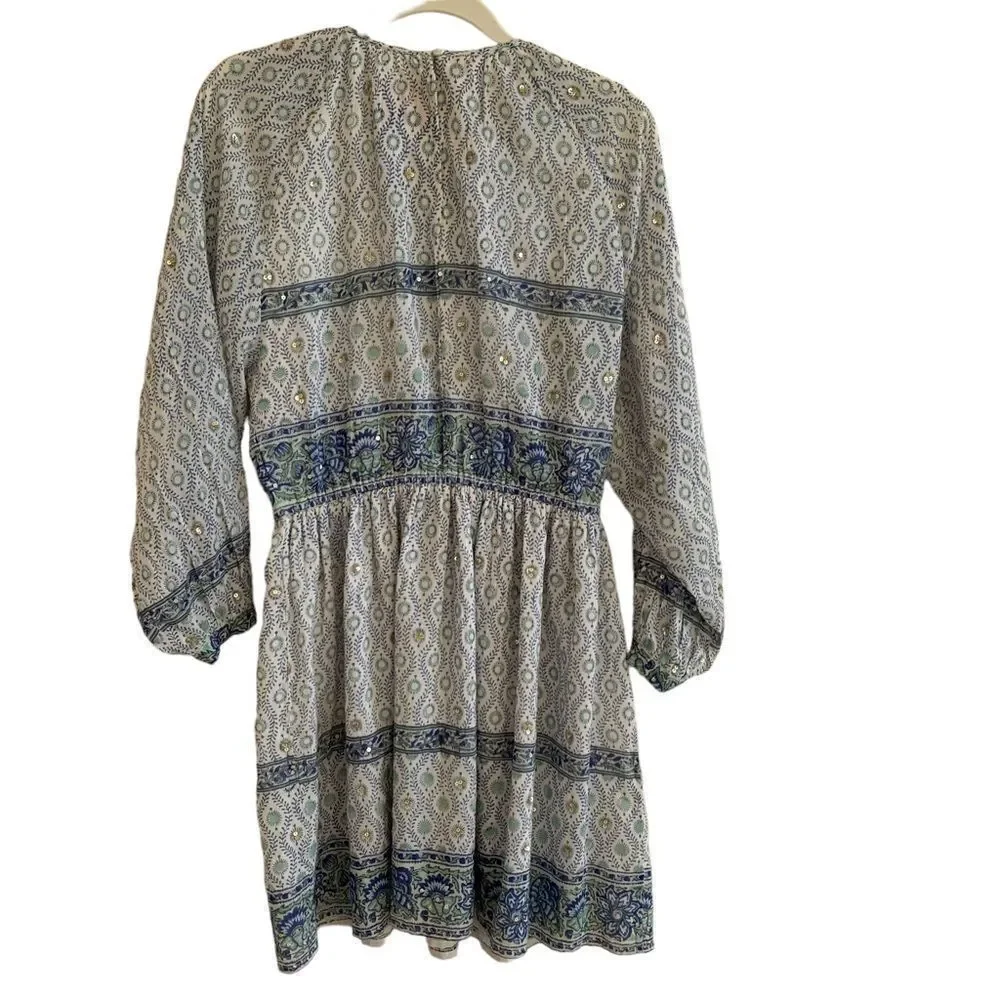 Boho Mini Dress Blue Green Print Sz M - Picture 3 of 11